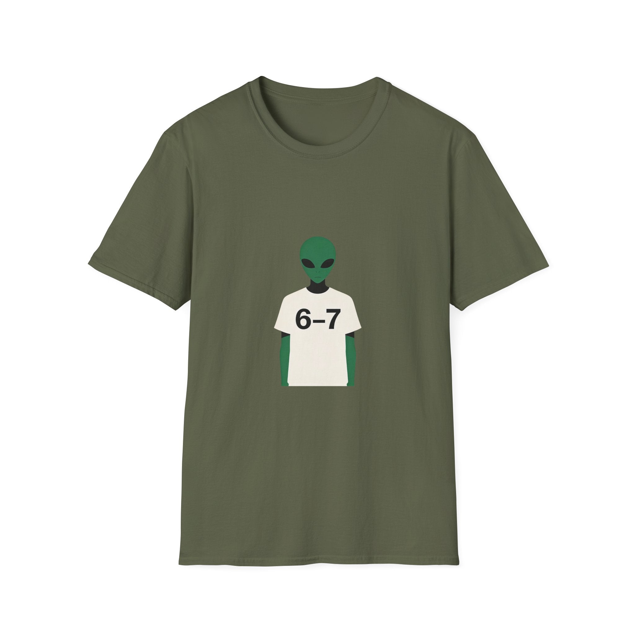 Alien Graphic T-Shirt — Cute Green Alien Wearing ‘6-7’ Tee