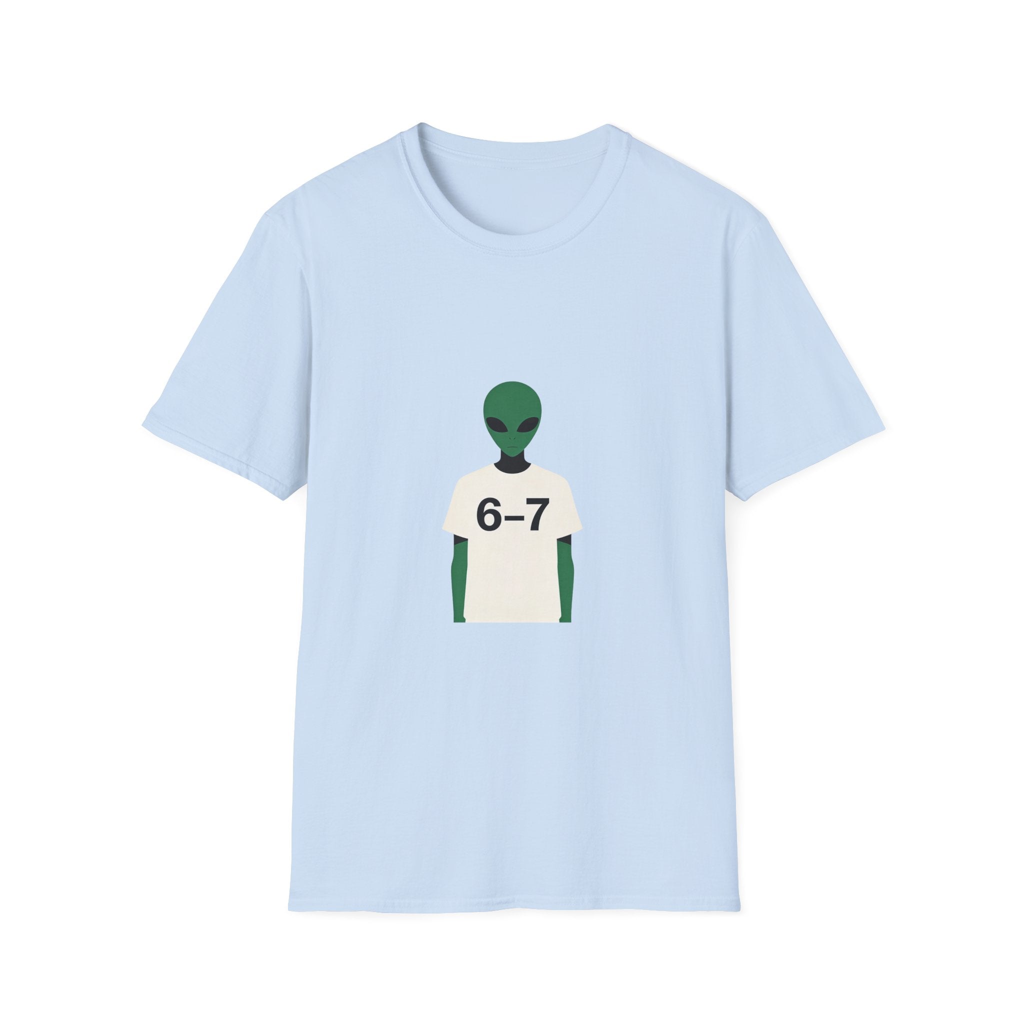 Alien Graphic T-Shirt — Cute Green Alien Wearing ‘6-7’ Tee